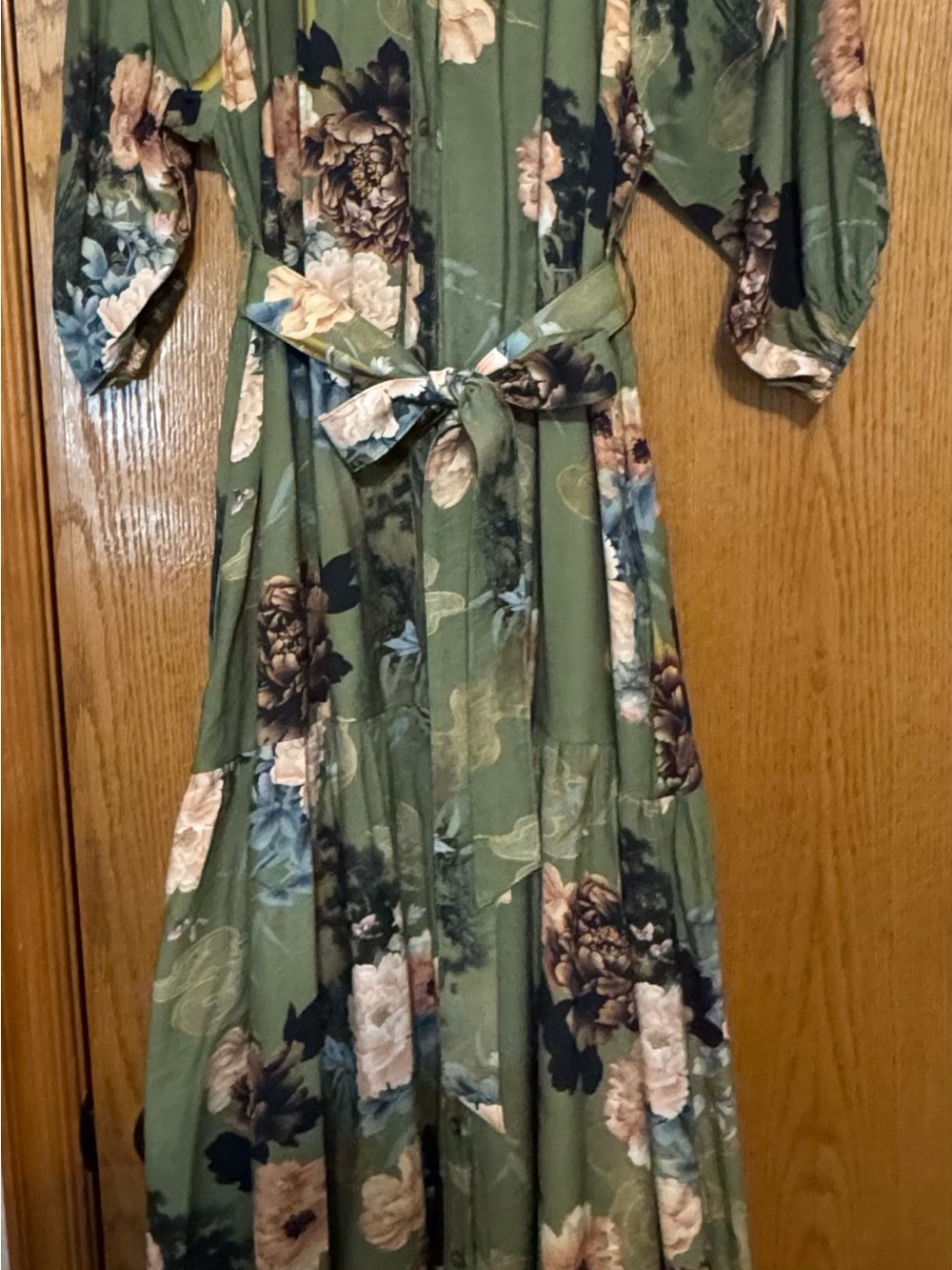 Floral Tie-Belt Maxi Dress in Olive Green